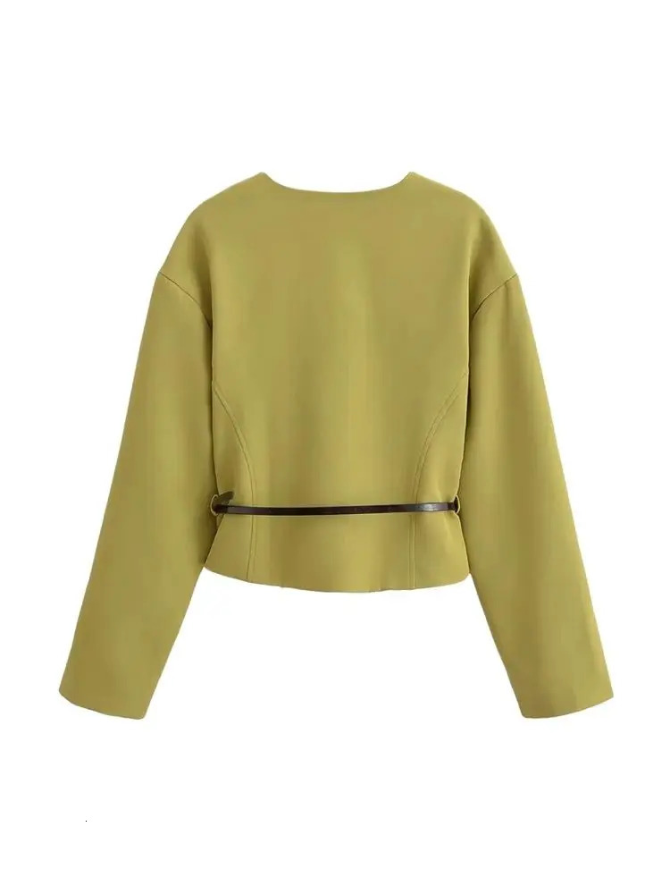 Womens Fitted Blazer Coat with Belt V Neck Long Sleeve Female Outerwear Chic Tops Fashion 251128