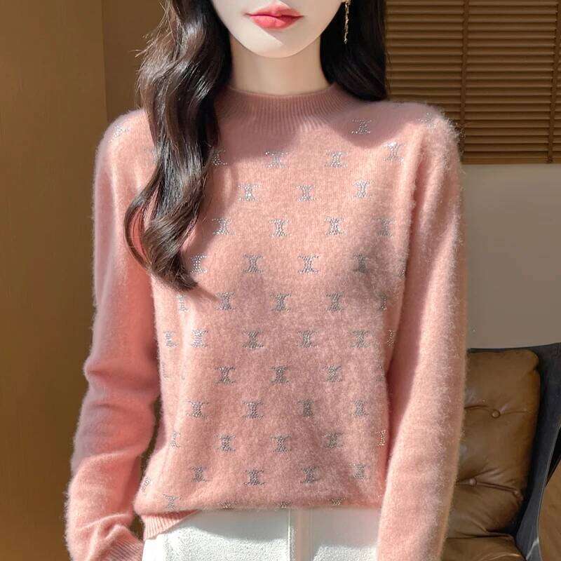 Women Fine Thickening Sweater Half-High Collar Leaf Studded With Diamonds Pullover Female Knitted Basis Tops Autumn Winter