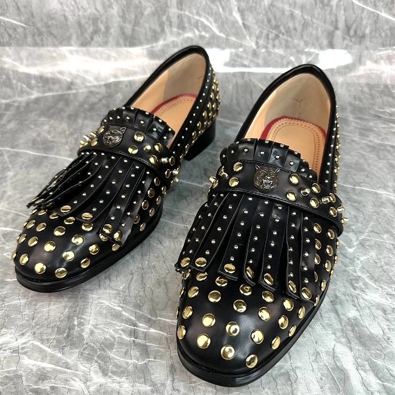 Handmade Rivet Tassel Dress Shoes Man Pointed Toe Black Real Cow Leather Slip On Flats Male Party Shoes 251204