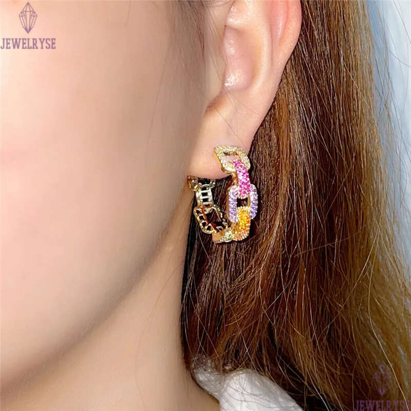 Luxurious Gold Cuba Link Diamond Designer Hoop Earring for Woman Party Colorful AAA Cubic Zirconia Copper Circle Fashion Womens Earrings Hip Hop Jewel