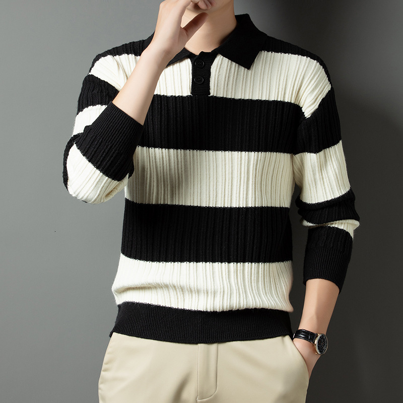 Mens Fashion Striped Button Polo Collar Long Sleeve Pullover Knitted Sweater Mens Casual Slim Fit Sweater Top 240906