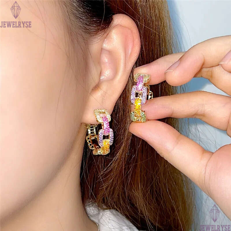 Luxurious Gold Cuba Link Diamond Designer Hoop Earring for Woman Party Colorful AAA Cubic Zirconia Copper Circle Fashion Womens Earrings Hip Hop Jewel