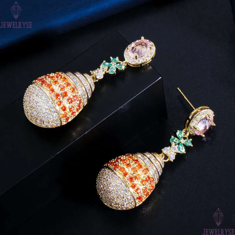 Charm Noble Diamond Earring Designer for Woman Party Colorful AAA Cubic Zirconia South American Copper Long Dangle Womens 18K Gold Earrings Fashion Je