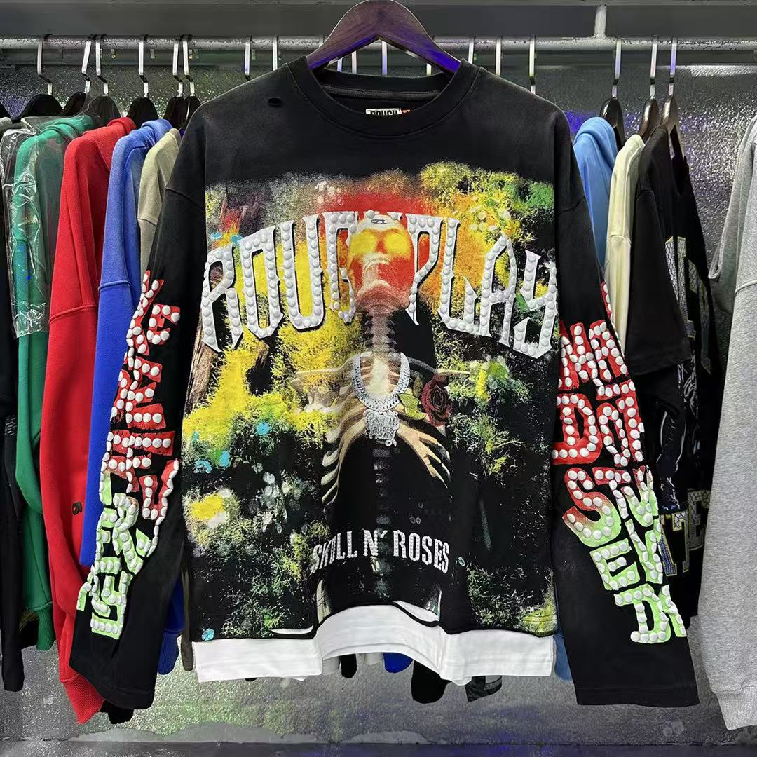 Designer Men's Hoodies RoughPlay Vintage Washed Skull Hip-hop Style Ripped Hole Patchwork Black Casual Letter Printed Y2K Top Tees High-quality L