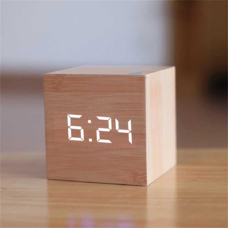 Square Digital LED Alarm Clock Wood Retro Glow Clock Desktop Table Decor Voice Control Snooze Function Desk Clock M251205 - view 3