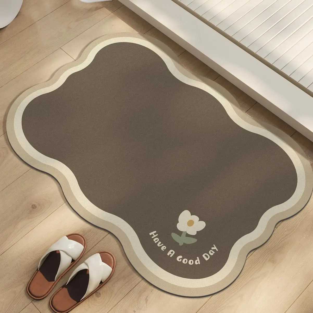 Rubber material super anti-slip bathroom mat quick-absorbing and quick-drying floor mat simple brown flower printed door mat H251205
