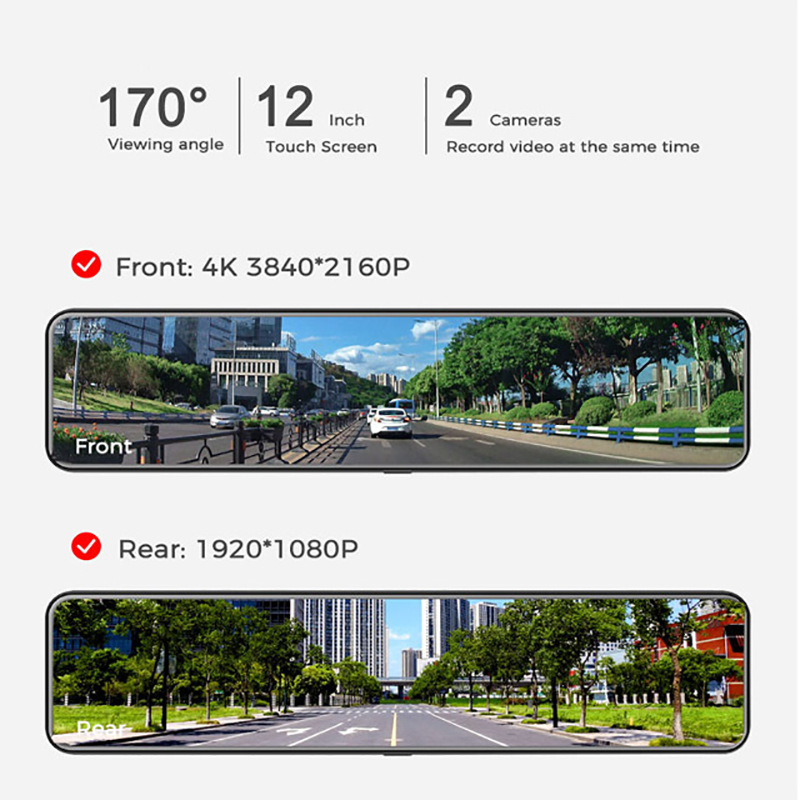 12-Inch 4K Car DVR with GPS & Dual Channels -Wireless Carplay Android Auto Screen- Rear View Mirror + Built-in 1080p Camera+32GB Micro SD Card