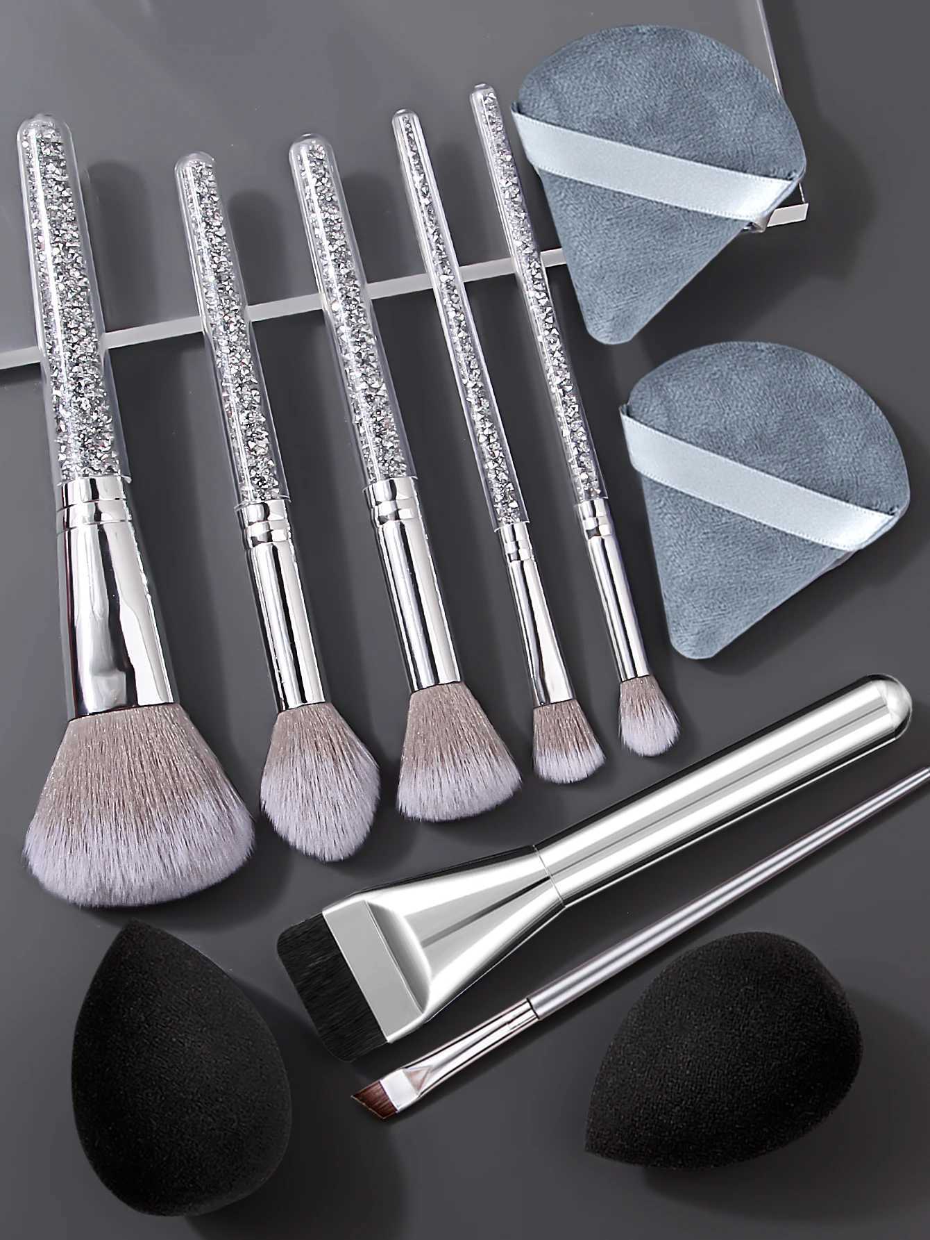 11PCS Diamond Handle Makeup Brush Set Flat-head Brush/Blade Eyeliner Brush Soft Makeup Sponge Egg Powder PuffT251205