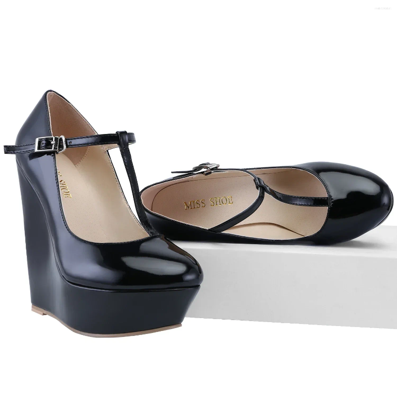 Dress Shoes Women Platform Wedge Heels Pumps Autumn Winter 14cm Round Toes T-Strap High Heeled Gladiator Ladies Party Wedding