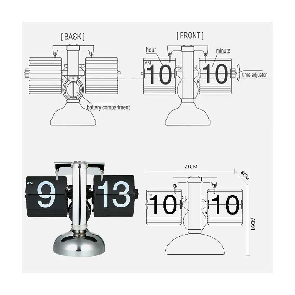 Small Scale Table Clock Retro Flip Over Clock Stainless Steel Flip Internal Gear Operated Quartz Clock Black/White M251205 - view 7