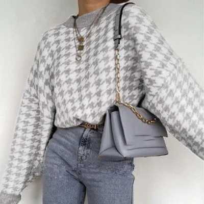 Women Geometric Khaki Knitted Sweater Women Casual Houndstooth Lady Pullover Sweater Female Autumn Winter Retro Jumper J251205