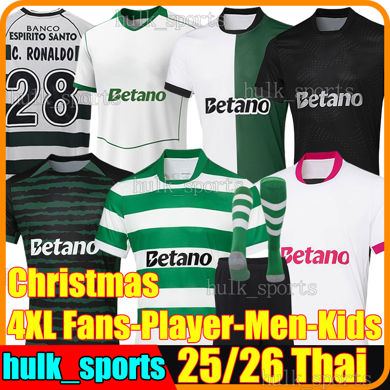 4XL Sporting CP 25/26 Christmas soccer jerseys Lisboa CR7 SUAREZ TRINCAO GENY PEDRO G. QUENDA GENY BRAGANCA MORITA football shirts retro 2001 03 men kids kits socks set
