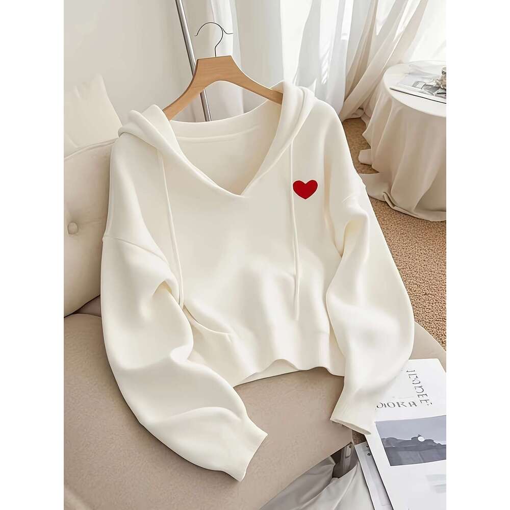 Women's Oversized Hooded Sweatshirt With Red Heart Patch - Cozy Long Sleeve Medium Stretch Fabric, Drawstring Hood & Ribbed Cuffs For Fall Winter