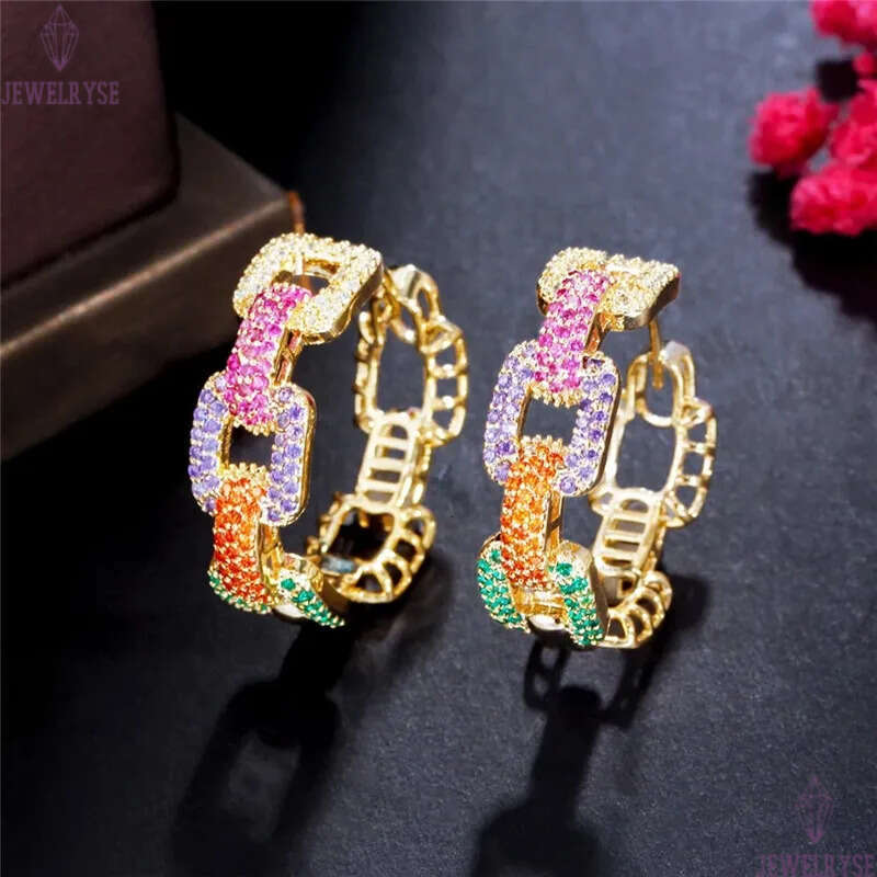 Luxurious Gold Cuba Link Diamond Designer Hoop Earring for Woman Party Colorful AAA Cubic Zirconia Copper Circle Fashion Womens Earrings Hip Hop Jewel