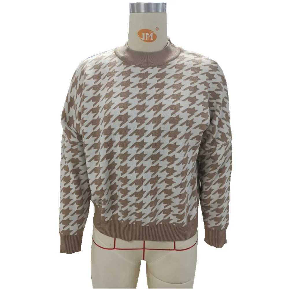 Women Geometric Khaki Knitted Sweater Women Casual Houndstooth Lady Pullover Sweater Female Autumn Winter Retro Jumper J251205