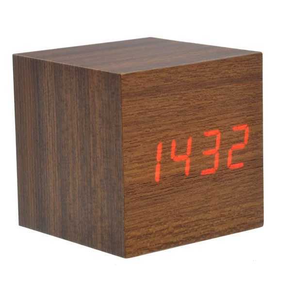Mini Cube Alarm Clock Red Led Digital Voice Activated Brown Imitation Wood Plastic Shell Temperature Date Time Display Celsius M251205 - view 3