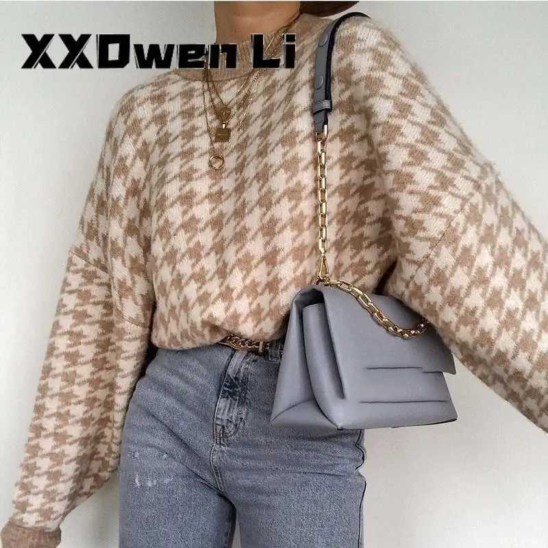 Women Geometric Khaki Knitted Sweater Women Casual Houndstooth Lady Pullover Sweater Female Autumn Winter Retro Jumper J251205