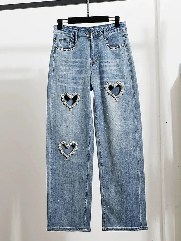 High Street Spring Autumn Loose Slimming Straight High Waist Jeans Wide Leg Pants Women Heart Shape Diamond Denim Baggy Trousers 251204