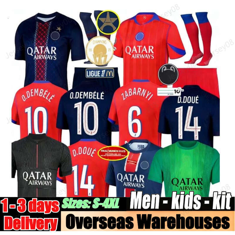 25 26 O.DEMBELE D.DOUE PSGES Soccer Jerseys ZABARNYI HAKIMI KVARATSKHELIA JOAO NEVES BARCOLA Hommes Enfant 2025 2026 Fourth Football Shirts Men Kids Maillot De Foot