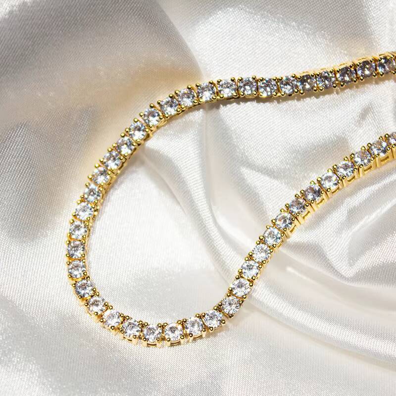 Hot Sale Moissanite Tennis Chain 925 Silver Gold Plated Mossinate 4mm Tennis Chain Moissanite
