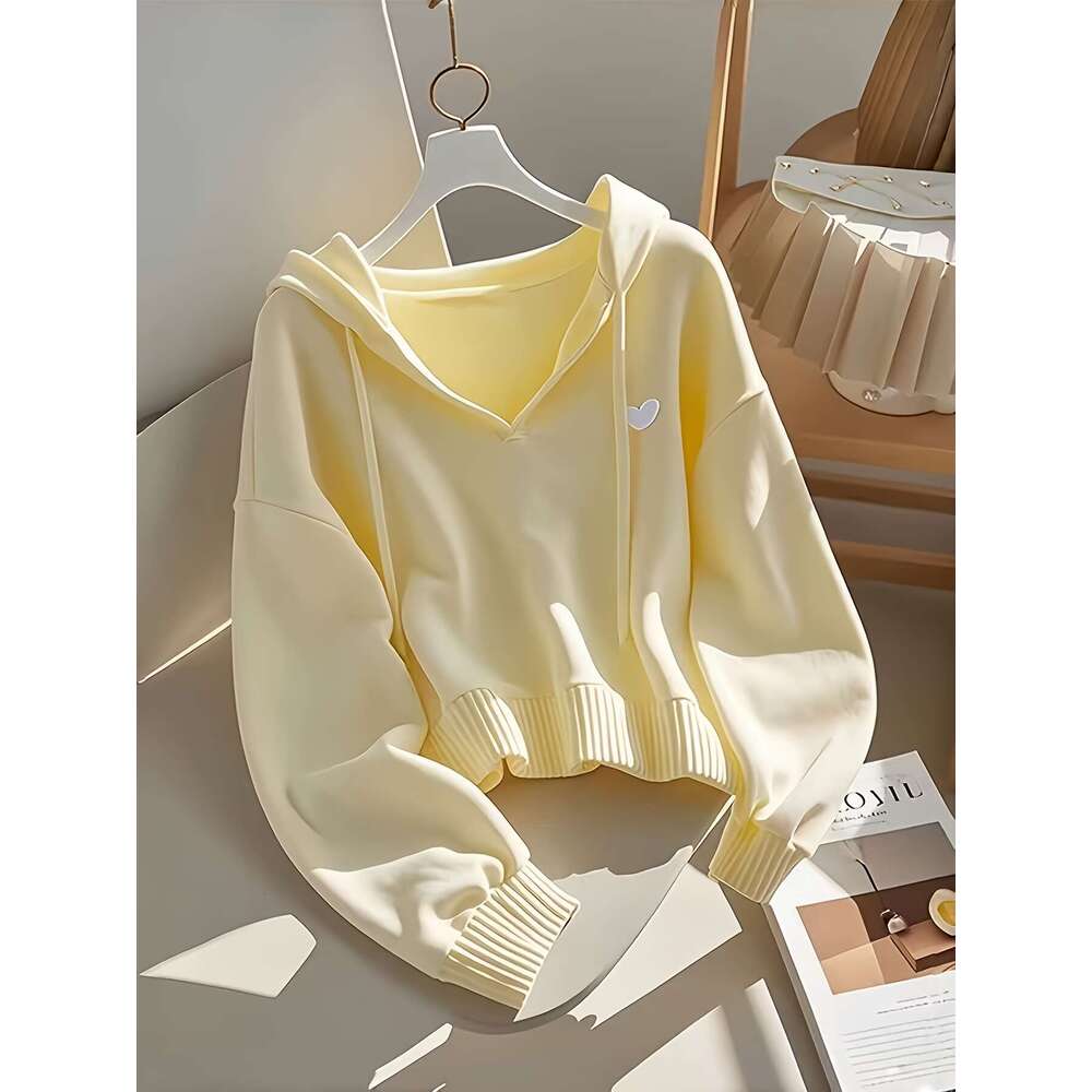 Women's Oversized Hooded Sweatshirt With Red Heart Patch - Cozy Long Sleeve Medium Stretch Fabric, Drawstring Hood & Ribbed Cuffs For Fall Winter