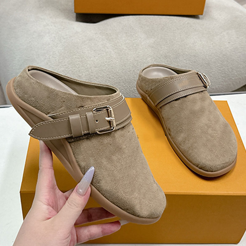 Italian designer To Go Flat Comfort Clog Fashion suede Calfskin Scuffs Rubber outsole Novelty Mules Adjustable buckle strap leisure Baotou Mules Size 35 41