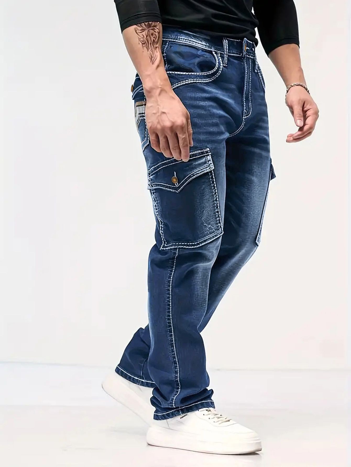 Cross-border spring and autumn fashion retro multi-pocket wide washed jeans standard size---LT2404092509