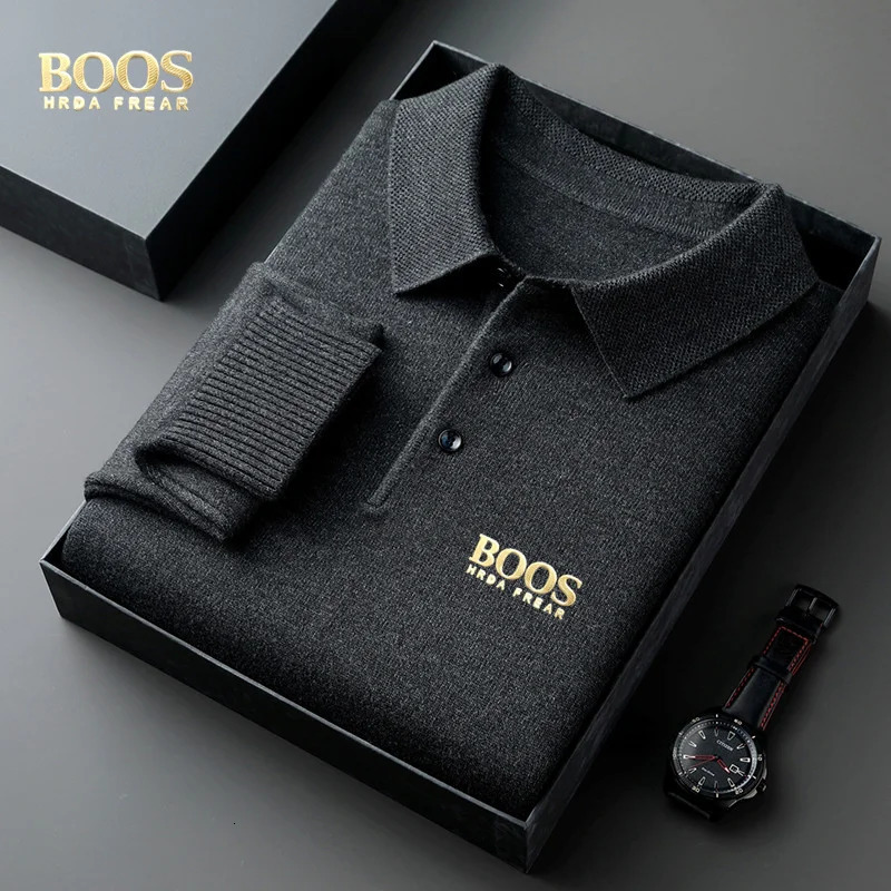 BOOS HRDAFREAR autumn and winter wool collar long sleeved mens knitted polo shirt solid color middle-aged base sweatermen c 251204