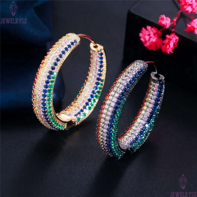 Luxury Big Diamond Gold Hoop Designer for Women Party South American Colorful AAA Cubic Zirconia Circle Earrings Bride Wedding Engagement Jewelry Gift
