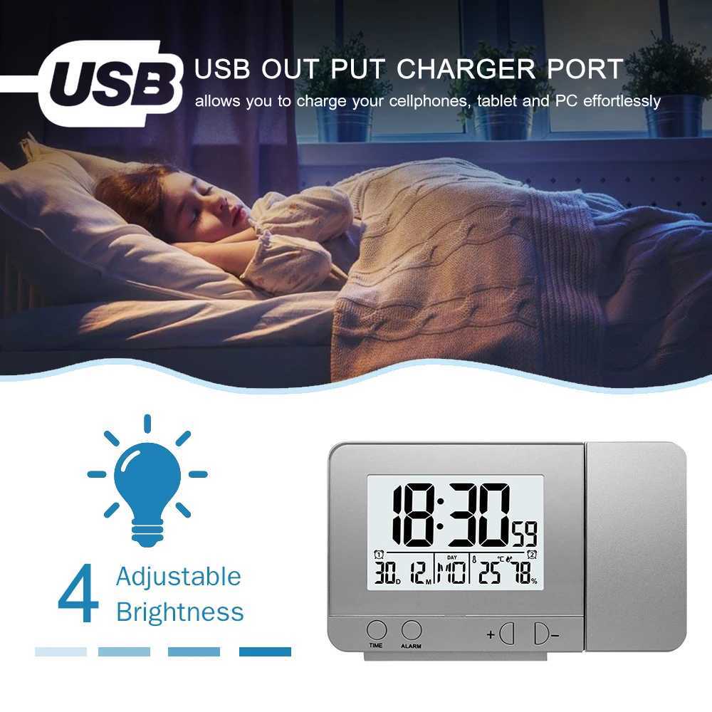 Projection Alarm Clock for Bedroom with Thermometer Hygrometer Digital Ceiling Clock Dimmable LED Display with USB Charger M251205 - view 5