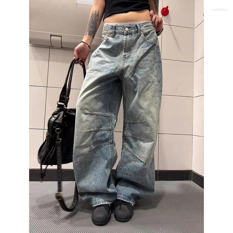Women's Jeans Korean Fashion Vintage Y2K 2000s Blue Washed 2025 Autumn Loose High Waisted Straight Leg Pants Female Clothing Z260313