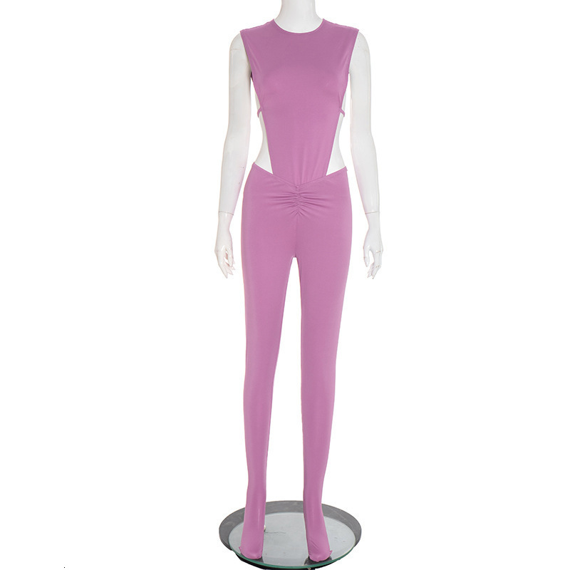 J25ST290 Hot Girl Womens Sleeveless Side Hollow Out Bodysuit Tight Long Pants Two-Piece Set 240808