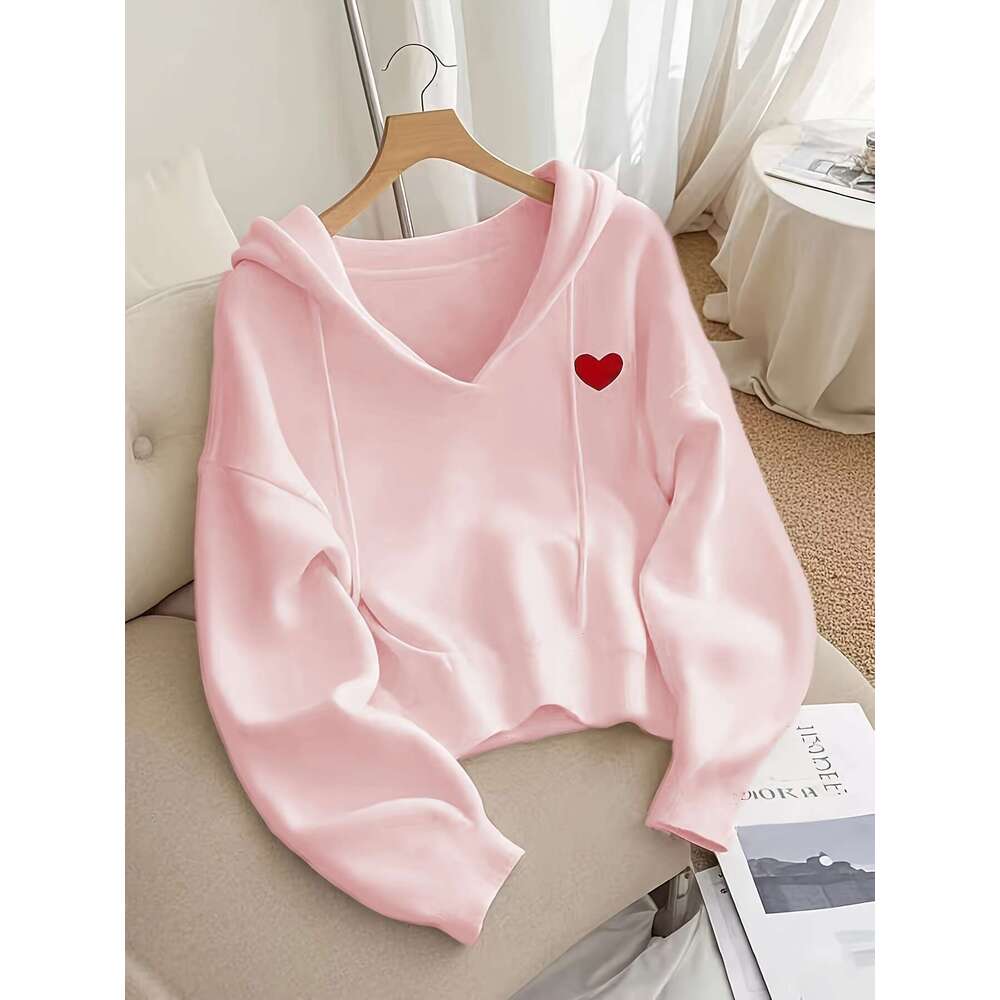 Women's Oversized Hooded Sweatshirt With Red Heart Patch - Cozy Long Sleeve Medium Stretch Fabric, Drawstring Hood & Ribbed Cuffs For Fall Winter