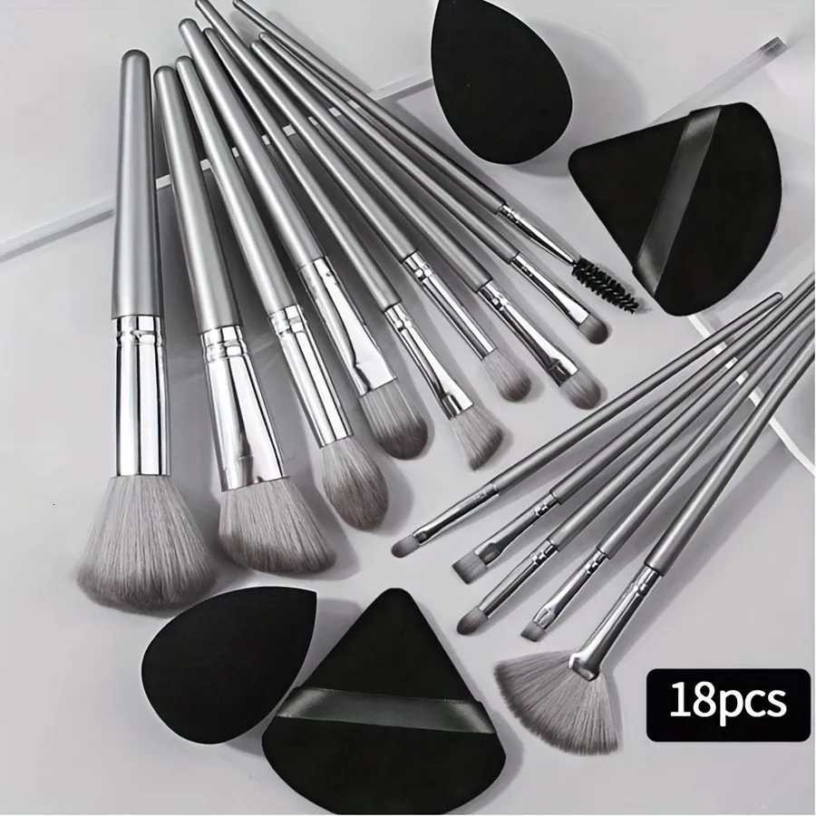14-Piece Silver Professional Makeup Brush Set Includes 2 Plush Velvet Puffs 2 Blending Sponges Vegan Cruelty-Free Brush CoT251205