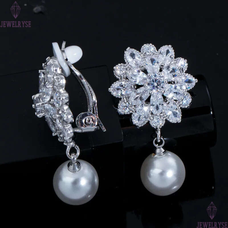 Luxury Clip on Screw Back Flower Earring Designer for Woman AAA Cubic Zirconia Diamond Silver Bridal Wedding Dangle Earrings Jewelry Elegant Female Ac