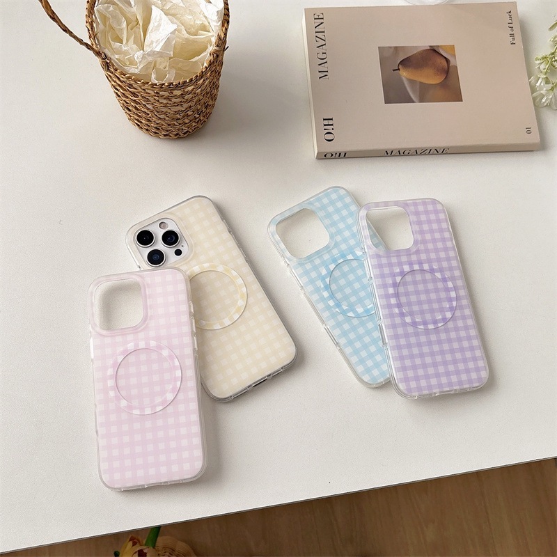 Korean Style Magnetic Solid Color Plaid iPhone 17 Apple 16 Pro Max Phone Case for Women 15/14 Rounded Edges