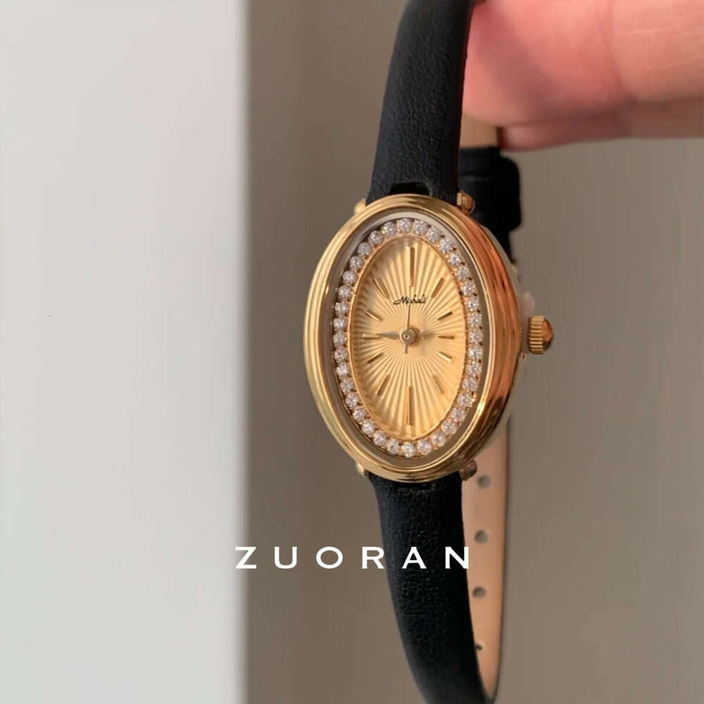 Black Gold Design Oval Diamond dainty wrist watches for woman Genuine Leather Quartz Elegant Women's Watch
