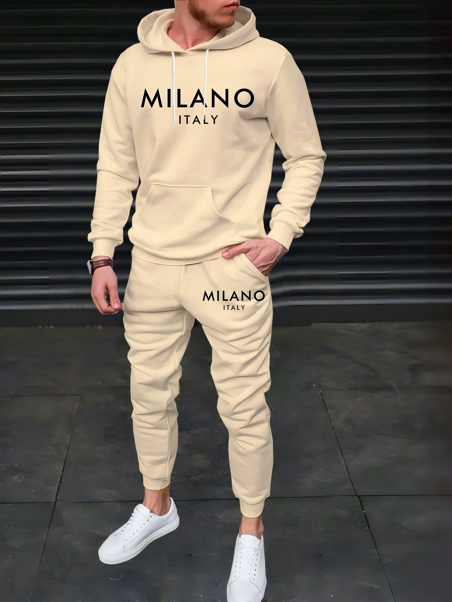 Mens Autumn/Winter Casual Warm MILANO ITALY Letter Printed Loose Thick Velvet Sports HoodieSweatpants Set 251204