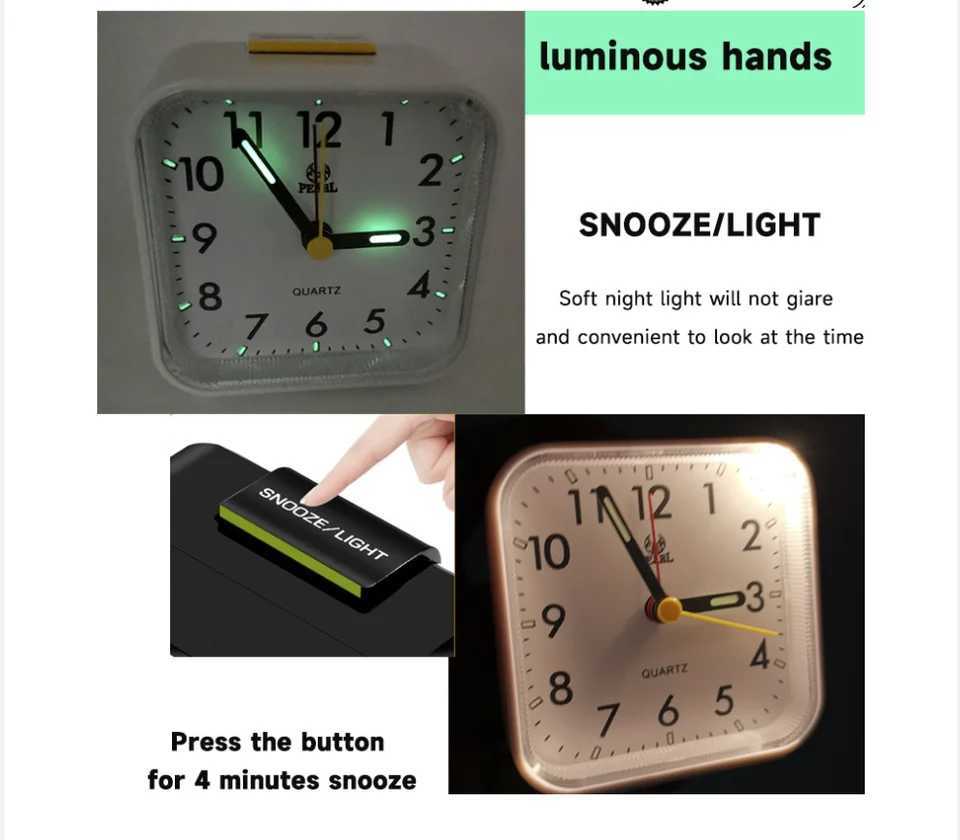 Square small alarm clock fashionable bedside clock silent movement luminous pointer with night light with alarm clock function M251205 - view 7