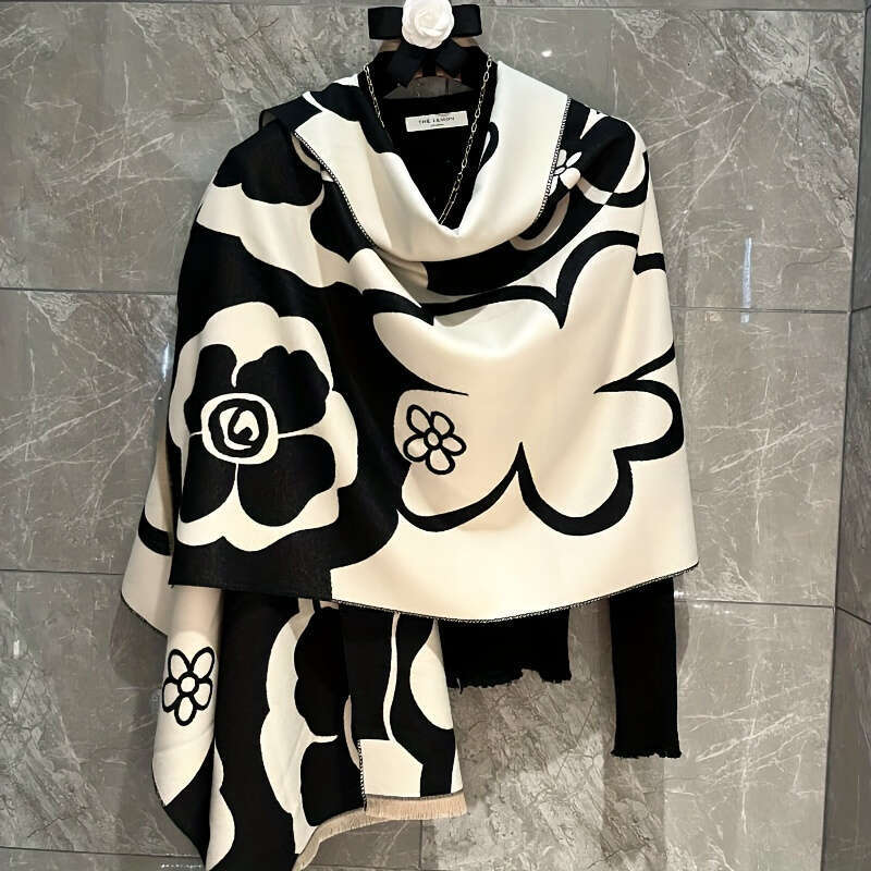 Elegant Camellia Scarf Breathable Thermal Lady Scarf Black White Fashion, Perfect For Spring And Summer Multi Functional Beach Casual Accessories