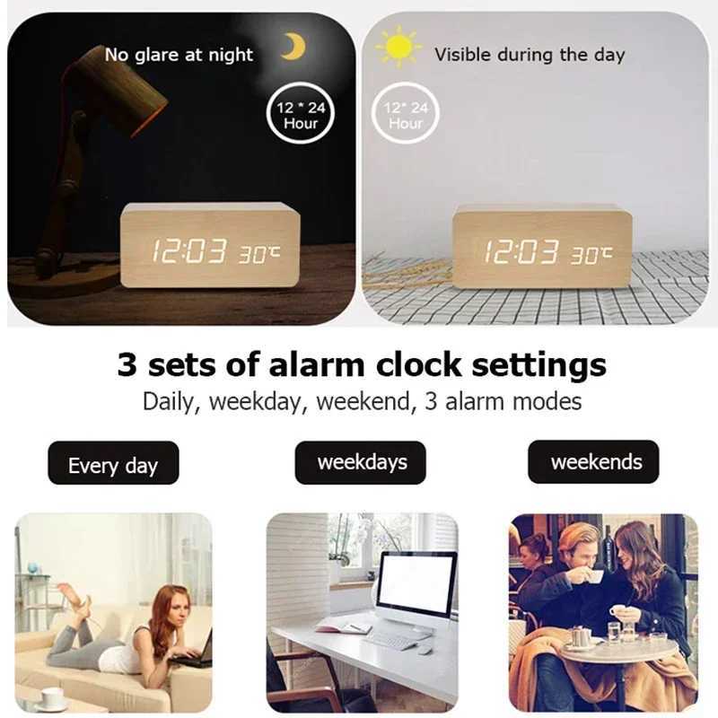 Digital Alarm Clock Wooden LED Table Clock with Temperature for Bedroom Office Travel Desk Decorations M251205 - view 5