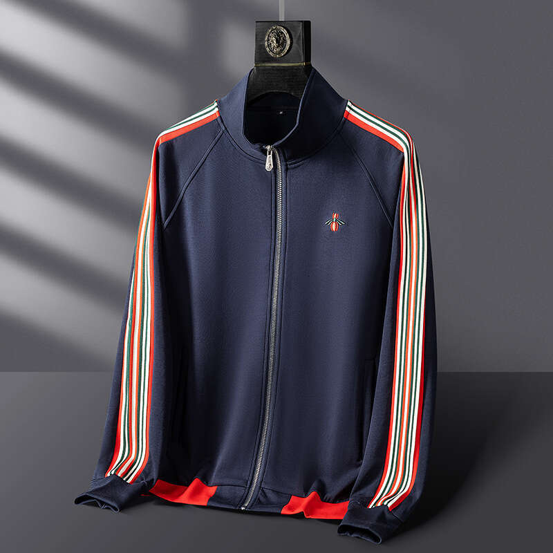 Minglu Bee Embroidery Elasticity Men's Sweatshirts Luxury Stand Collar Zipper Spring Autumn Sport Casual Cotton Male Hoodies 4XL