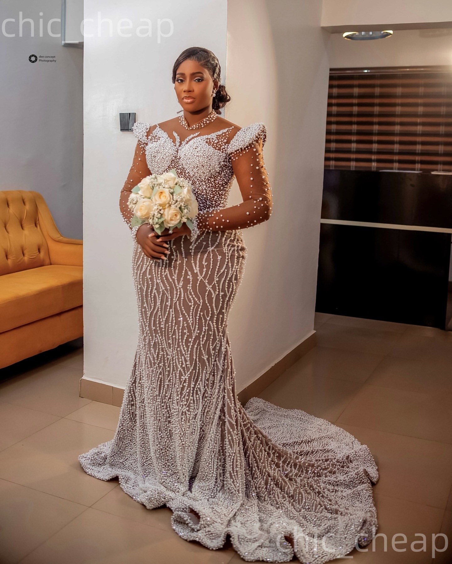 2026 Arabic Aso Ebi Plus Size Ivory Wedding Dresses Illusion Pearls Full Sleeves Detachable Train Luxurious Bridal Gowns Dress For Brides ZJ2055