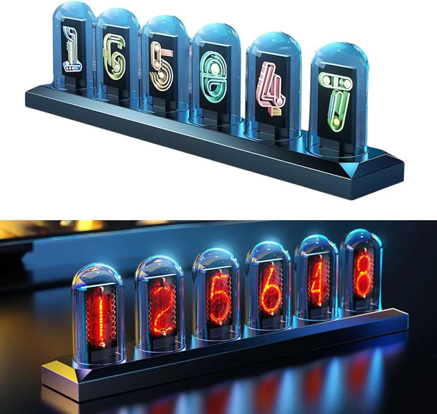 USB Powered RGB Nixie Tube Clock with IPS Color Screen Corded Electric Aluminum Oval Alarm Clock with Charging Port Metal Fram M251205