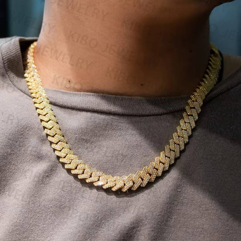 Luxury Hip Hop Jewelry Gold Plated 12MM Prong Setting 925 Silver VVS Moissanite Cuban Link Chain Necklace