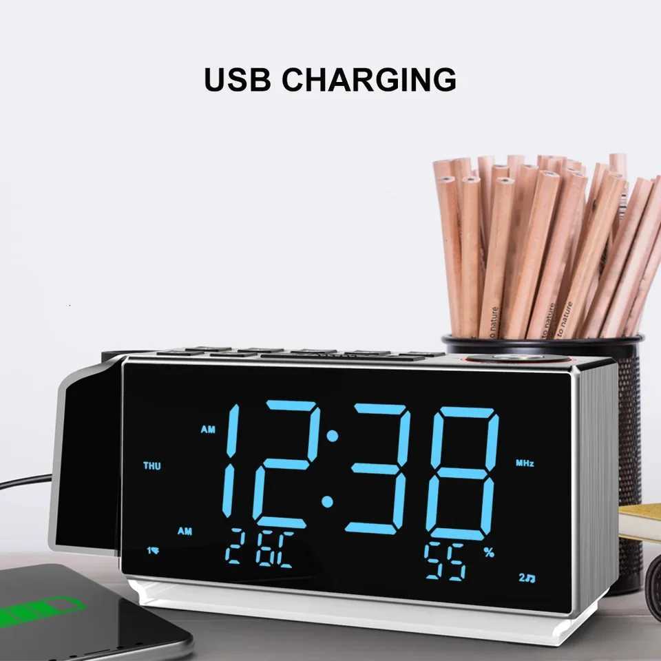 Projection Alarm Clock with FM Radio USB Charging 18 LED Display Night Light Dual Alarm Snooze Dimmer Control Bedside Clock M251205 - view 4