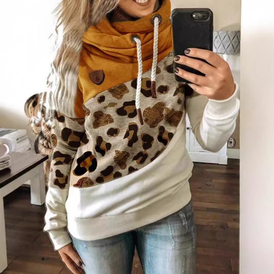Autumn and winter womens casual fashion contrast color stitching Hooded Fleece loose sweater