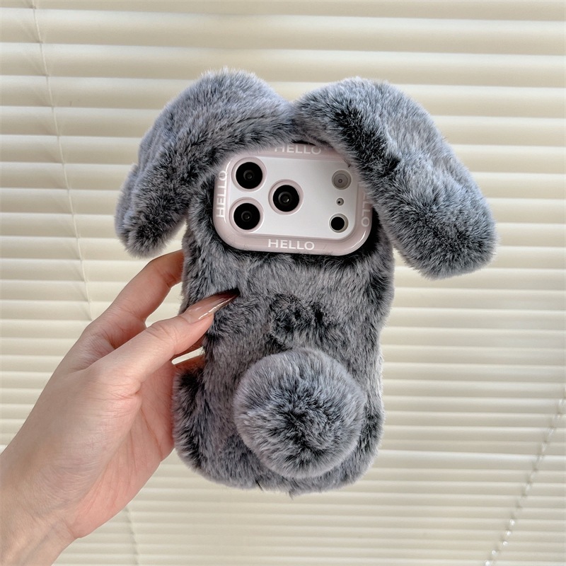 Autumn and Winter Plush Bunny Ears Compatible with iPhone 17 Pro Max Apple 16 Phone 15 Solid Color Hand Warmer Case 14