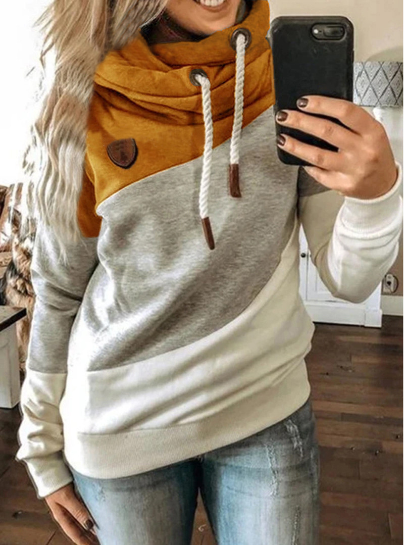 Autumn and winter womens casual fashion contrast color stitching Hooded Fleece loose sweater