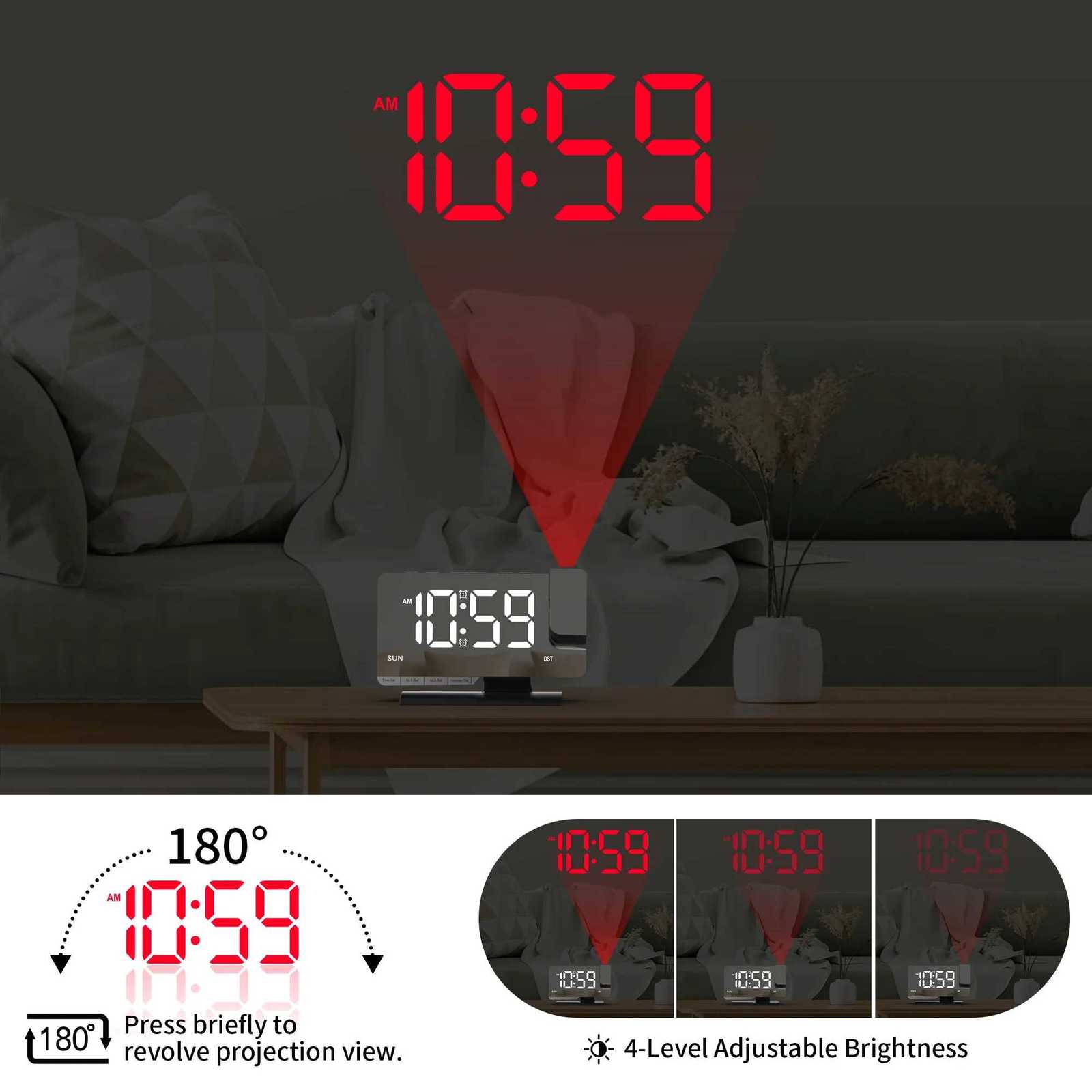 Office Student LED Projection Alarm Clock 180 Rotating Digital Clock Weekday/Weekend Mode Dimmer Multifunctional M251205 - view 6
